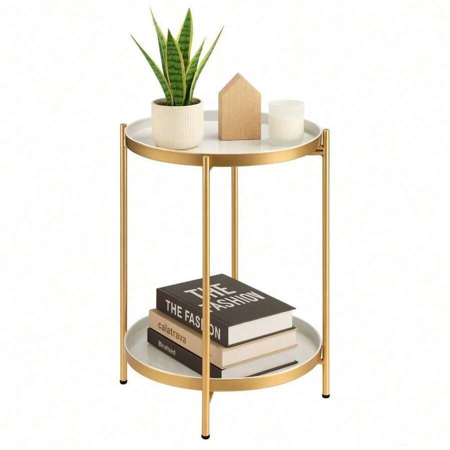 Round Side Table With 2-Tier Storage Modern Metal End Table With Removable Tray Small Coffee Table For Living Room Bedroom Balcony Patio - Gold White - View 1