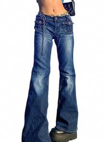 Women Stretchy Bootcut Flared Jeans Mid Waist 2026 Spring Jeans Bell Bottom Denim Pants - Blue - View 4