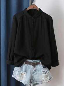 女士优雅纽扣衬衫，舒适涤纶面料，褶裥细节，长袖立领，常规长度衬衫 - 黑色 - 查看 10