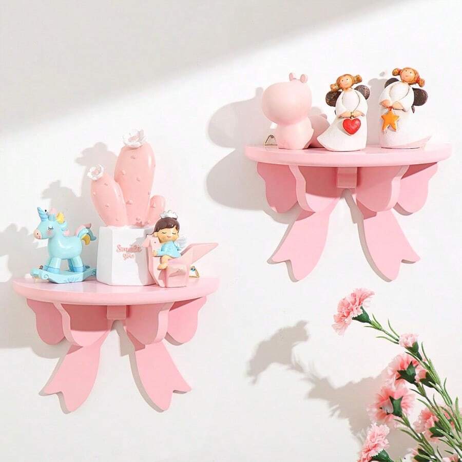 MX  2 Pcs Bow Floating Shelves Kawaii Shelf Book Stand Farmhouse Rustic Corner Wall Shelf Wooden Bow Tie Rack Princess Room Decor For Nursery Home Bedroom Office Wall Decor Pink - 粉色 - 查看 1