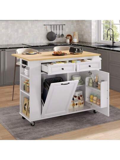 Kücheninsel Mit Rollen, Ausziehbarer Esstisch, Abfallbehälterfach Und tuchhalter, Mobile Servierwagen Steckdosenleisten, Ideal Für Küche Esszimmer (Weiß) view 4