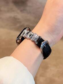 1条不规则银色镶钻金属缝制荔枝纹皮革表带，兼容表带S11/10/9/8/7/6/5/4/3/2/1/SE/Ultra系列，尺寸38/40/41/42/44/45/46/49毫米，柔软舒适，适合手腕佩戴，女士礼物，智能表带配件 - 黑銀 - 查看 5