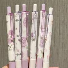 6 piezas Bolígrafo de tinta negra con botón a presión con rosa púrpura, de valor alto para estudiantes, práctica de exámenes, suave y fácil de escribir