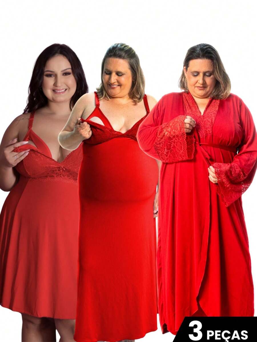 Long And Short Nursing Nightgown Kit With Long Plus Size Robe For Postpartum Pregnant Women, Comfortable - Red - View 1