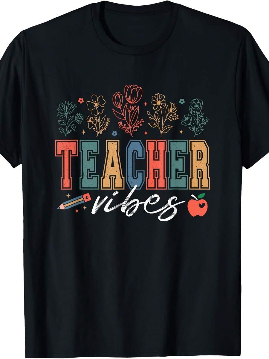 Teacher Vibes Floral Pencil Apple Print T-Shirt - 款式27 - 查看 1