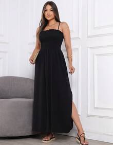 Elegant Long Dress With Adjustable Elasticated Straps And Side Slit. - Black - View 1