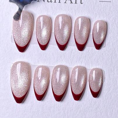 10片手工美甲贴纸，短指甲适用，法式美甲，红色、金色、白色、蓝色可选，圣诞主题美甲，可爱金色雪花十字架装饰，手工钻石堆叠圣诞树和雪花元素，附赠美甲工具，杏仁形美甲贴片，适合女性和女孩。