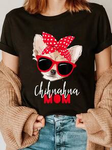 100% Cotton Chihuahua Shirt Funny Dog Shirt Mom Sunglasses Dog Lover Tee T-Shirt Women's Men's Summer Vacation Soft Tee Relaxed Fit Classic Comfort Tops - Black - View 5