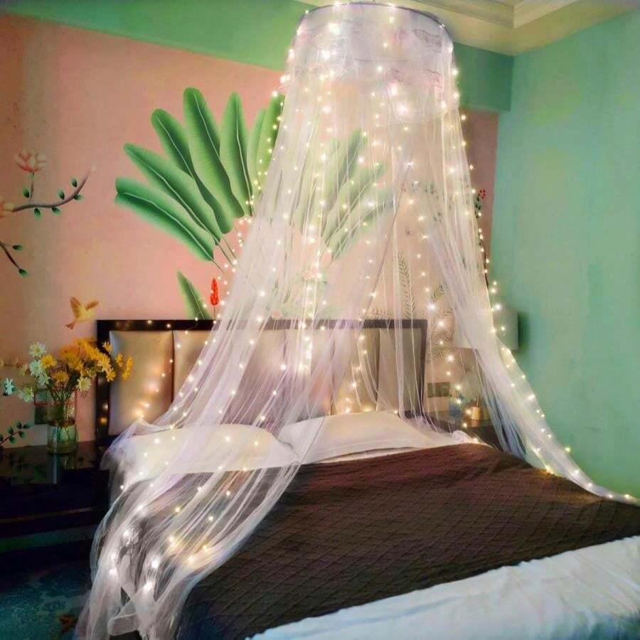 Eimilaly Bed Canopy Mosquito Net, Bed Canopy For Girls Room Decor - Insect Protection Hanging Canopy For Adults, Babies, Outdoor Camping, Pink_No Opening - ColorE - View 1