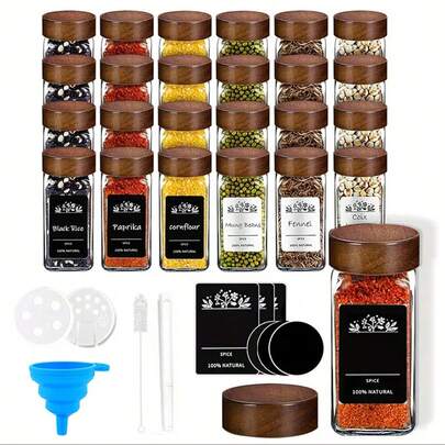 6/12/24pcs 120ml Spice Jars, Glass Salt And Pepper Shakers, Oval Or Square Salt Shakers, Seasoning Bottles, Kitchen Spice Bottles, Beverage Bottles, Seasoning Jars, Outdoor Picnic And Barbecue Creative Spice Bottles, Seasoning Storage And Shaker Toppers, Kitchen Accessories (Black And White Stickers And Pens, Randomly Sent)