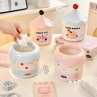 1pc Cute Cartoon Desktop Stationery Storage Bucket With Mini Storage Box Design, High-Quality Office Dorm Room Desktop Organizer Trash Can Container For Desk Space, Kawaii Pencil Holder Caddy Accessories