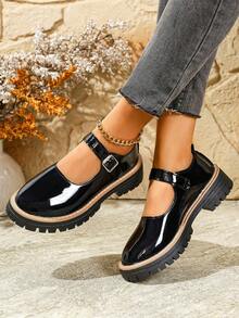 厚底厚跟乐福鞋，舒适休闲百搭女鞋，适合搭配JK裙装，2025新款，圆头，增高，带绑带 - 黑色 - 查看 4