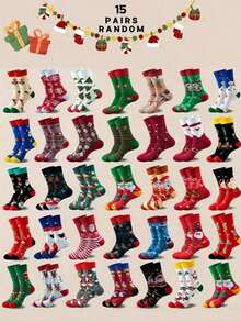 1 paire/5 paires/10 paires/15 paires/20 paires Chaussettes de costume de fête de Noël édition limitée aléatoire avec Père Noël, renne, flocon de neige, sapin de Noël. Chaussettes mode mignonnes et amusantes pour hommes, femmes, enfants. Chaussettes mi-mollet douces, confortables et chaudes pour l'école, la fête, la décoration de la maison - Multicolore - Voir 25