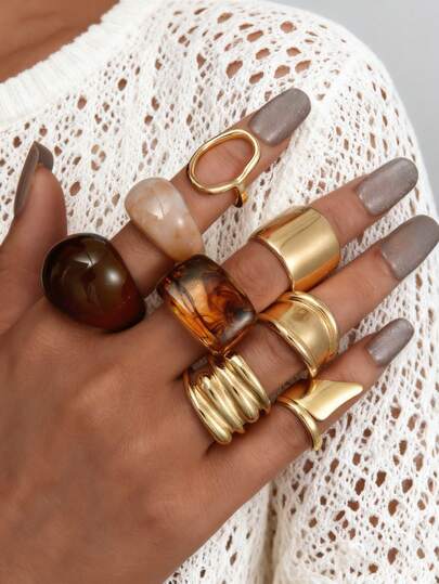 8 pezzi Set di anelli in resina vintage eleganti e asimmetrici, adatti per uso quotidiano, feste e banchetti, set di gioielli decorativi (senza scatola)