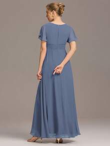 Women's Elegant Crew Neck Empire Waist Pleated Chiffon Maxi Bridesmaid Dress Formal Dress - Dusty Blue - View 4