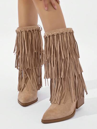 RevReaL Suede Fringe Western Boots – Boho Cowgirl Mid-Calf Boots For Women Western Style Side Zipper Festival