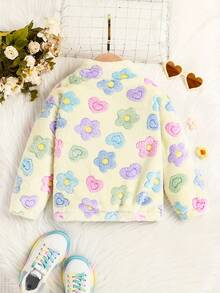 Girls' Fashionable Floral & Heart Pattern Stand Collar Zip-Up Warm Fuzzy Jacket With Elastic Cuffs And Hem, Suitable For Spring, Autumn And Winter - Yellow - View 2