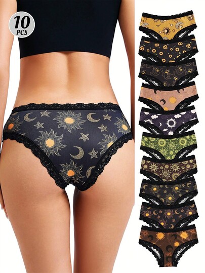 Dircho 10pcs Women Sexy Cute Contrast Lace Trims Gothic & Moons & Stars Allover Print Briefs - Soft, Seamless & Stretchy - Luxurious Women For Women Lingerie Collection
