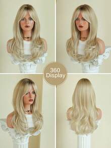Elegant-24 Inch Layered Blonde Highlights Wigs For Women, Long Straight Wigs With Curtain Bangs, High Density Fluffy Synthetic Heat Resistant Fiber Hair Wig For Daily Party Wear, Music Festival Party Use - 挑染金色 - 查看 5