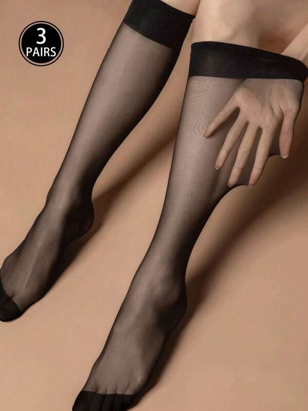 3 Pairs/Pack Women's 15d Black Stockings, Anti-Hook Core-Spun Silk Stretchy Thigh-High Socks, Suitable For Various Occasions And Halloween Costume, Fall