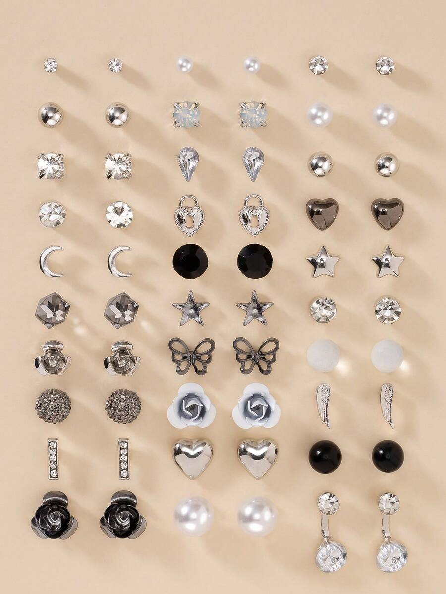 30 对/套金属仿珍珠耳钉，简约可爱时尚心形、泪珠形、蝴蝶形、水钻形、花朵形、太阳形设计，款式多样，适合日常佩戴，是送给女士的节日礼物