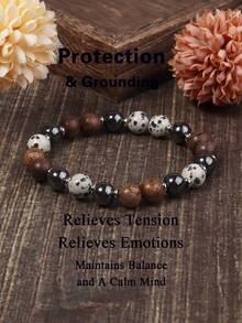 Men's Hematite Protection Bracelet 8mm Dalmatian Jasper & Wooden Beads Vintage Jewelry For Women Men, Emotions Balance, Absorb Negative Energy