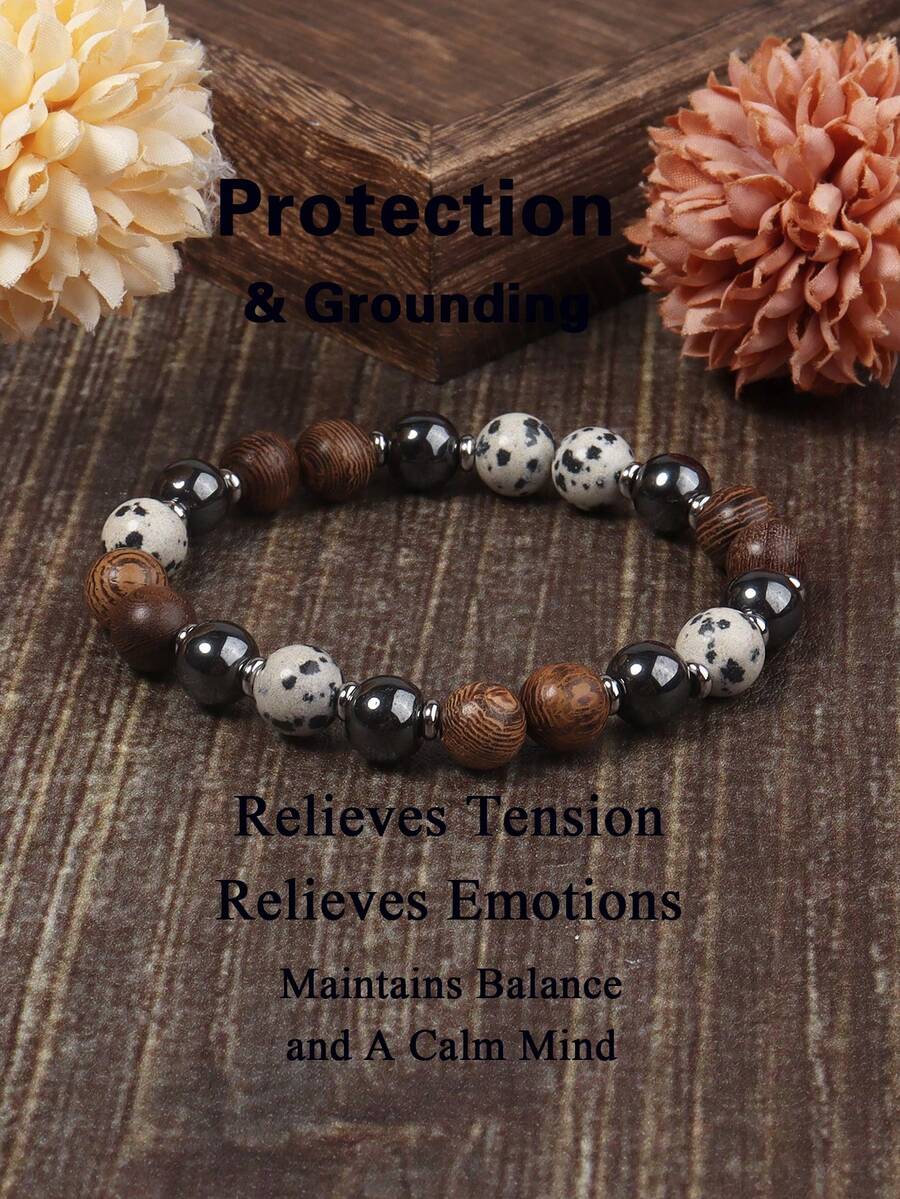 Men's Hematite Protection Bracelet 8mm Dalmatian Jasper & Wooden Beads Vintage Jewelry For Women Men, Emotions Balance, Absorb Negative Energy