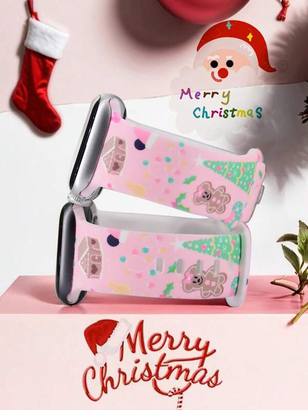 1 Stück rosa süßer Lebkuchenmännchen Weihnachtsdruck Uhrenarmband kompatibel mit 38/40/41/42/44/45/49mm, Damen Mode Weihnachtsbaum Muster Sport Ersatzarmband kompatibel mit Apple Watch 10/9/Ultra/SE/8/7/6/5/4/3/2/1
