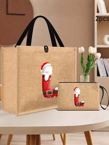 Linen Tote Bag, Including A Printed Initials A-Z Tote Bag And A Printed Small Bag, Letters, Flowers, Christmas Gift, Mother'S Day Gift, Personalized Gift Package, Yellow Linen BlackTote Bag With Black Buckle, Combination Of Small And Large Bags, Suitable For Weddings, Birthdays, Beaches, Holidays - Multicolor - View 5