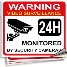 Video Surveillance Warning Sign Stickers -4-Piece Set 17.78 X 15.24 Cm - Premium Self-Adhesive Vinyl, Laminated, Providing Ultimate UV Protection, Wind And Rain Resistance, Scratch Resistance, Waterproofing, And Fade Resistance, Indoor And Outdoor