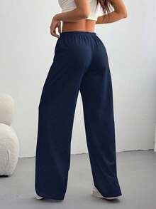 Solid Color High Waist Straight Leg Pants, Minimalist Sports Sweatpants, Versatile Elastic Waist Drawstring Wide Leg Casual Trousers, All Season Spring - Navy Blue - View 2