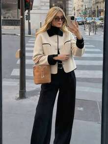 Fashionable French Exquisite Commuting Short Apricot Lapel Black Splicing Long Sleeve Women's Autumn And Winter Woolen Coat - Apricot - View 5