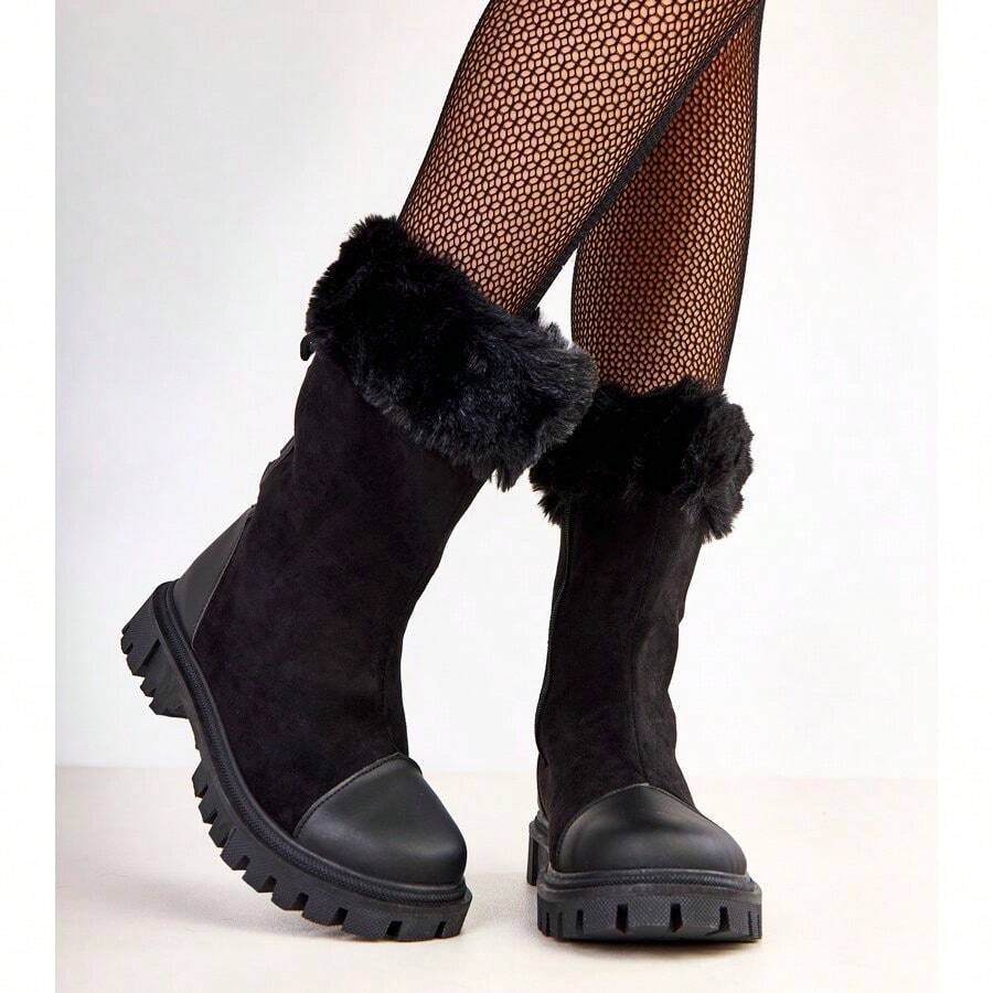 Black Ankle Boots With -Suede Upper And Fur Satisa - Black - View 1