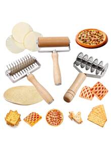1 件装不锈钢滚筒面团切割器，带木柄，披萨面团滚筒，烘焙糕点格子切割器，面粉擀面杖，烘焙工具 - 彩色 - 查看 1