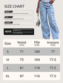 Women Middle Waisted Cargo Jean For Women With 8 Pockets Straight Wide Leg Jean Casual Baggy Pants - 深色水洗藍 - 查看 6