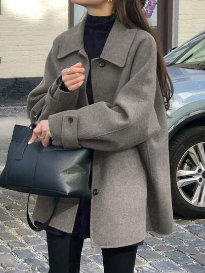 Women's Simple Solid Color Pocket Front Button Turndown Collar Raglan Sleeve Overcoat, Autumn/Winter
