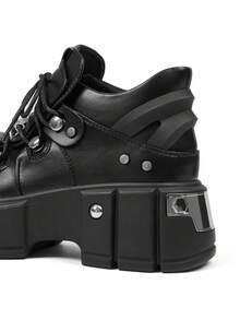 Women's Goth Platform Punk Ankle Boots Metal Deco Rivet Lace-Up Round Toe High Heel Sneakers Thick Soft Sole Bottom Street Rock Booties - 黑色 - 查看 8