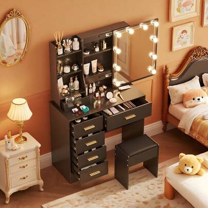 [La mejor opción para regalos de Halloween y Navidad] Tocador con espejo de maquillaje y luces LED, tocador con cajones - Estilo moderno escandinavo, construcción de madera maciza, luces LED regulables con sensor táctil, espacioso organizador de almacenamiento con múltiples divisiones para cosméticos, cuidado de la piel, joyas y accesorios | Tocador perfecto para dormitorio, tocador de baño, organizador de dormitorio | Estética minimalista y fresca, decoración del hogar con un toque chic femenino, disponible para entrega inmediata, el mejor regalo para mujeres, adolescentes, despedidas de soltera.