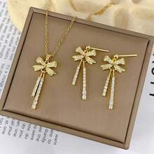Gold-Plated Copper Micro-Inlaid  Double Pendant Bow Tassel Necklace Women's Earring Set Jewelry Accessories - Vòng cổ XE0136 - Xem 2