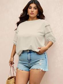 Women's Plus Size Blouse/ Guipure And Elastic Detail On The Sleeve - Beige - View 6