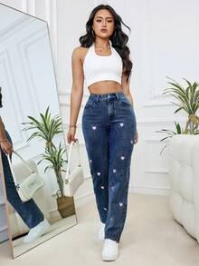 Women's Fashion Casual Plus Size Dark Blue Elastic Denim Pants With Pink Heart Embroidery, Soft & Comfortable For Spring, Summer, Autumn, Winter - Dark Wash - View 7