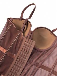 Women's Solid Color Corset-Style Brown Backless Mesh Camisole With Bra, Autumn/Winter Lingerie