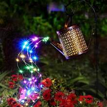 1 pieza Regadera solar con luces, Tetera de metal retro con luces, Luz de decoración de jardín exterior, Luces solares para senderos, césped, patio y terraza - Amarillo - Ver 11