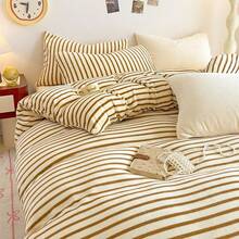 1 Set Autunno/Inverno Copripiumino in Velluto di Latte a Righe 3 Pezzi (1 Copripiumino + 2 Federe, Piumino e Cuscini Non Inclusi), Design Semplice, Spesso e Caldo, Lavabile in Lavatrice, 180gsm, Angoli Sagomati, Misura Singola/Matrimoniale