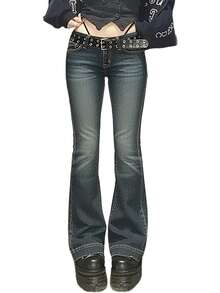 Bell Bottom Jeans For Women Flare Stretchy Mid-Low Rise Skinny Denim Pants Fall 90s Outfits - Dark Blue - View 5