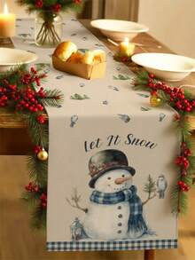 1pc Christmas Snowman Pattern Table Runner, Linen-Like Christmas Table Runner, 1pc Table Runner, 4pcs Placemats, 1pc Cushion Cover, 3 Products Available, Seasonal Home Decor Indoor/Outdoor Party Supplies, Winter Home Decor, Christmas Decoration, Christmas Room Decor, Christmas Party Decoration - Multicolor - View 2