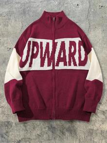 ANDREILEE 秋冬男士休闲宽松纯色罗纹英文字母韩版通勤百搭拉链半高领针织长袖开衫 - 粉色 - 查看 2