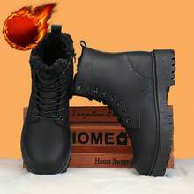 1 双男女款冬季新款黑色毛绒保暖高帮皮鞋靴子，时尚朋克系带圆头毛茸茸室内靴，比常规尺码大一码 - 黑色 - 查看 20