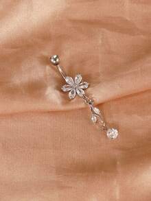1pc Elegant Sparkling Cubic Zirconia Flower Design Belly Button Ring, Suitable For Women's Daily, Date, Party Wear - Silver - View 5