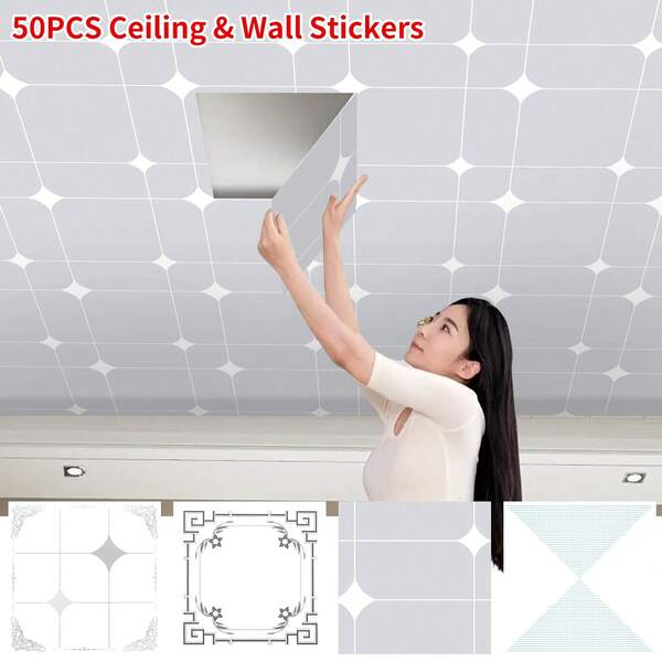 50 قطعة من بلاط السقف اللاصق الأنيق، بنمط نجمي هندسي، 11.8 * 11.8 بوصة، ملصقات جدار لاصقة مقاومة للماء، ملصقات بلاط فينيل قابلة للإزالة، ديكور منزلي حديث، ديكور جداري DIY للغرفة المعيشية والنوم والمطبخ، ملصقات سقف رمادية